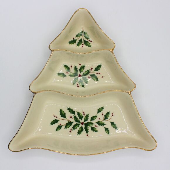 Vintage Lenox Holiday Tree Divided Serving Dish Creamy White with Holly Berries - Picture 2 of 9